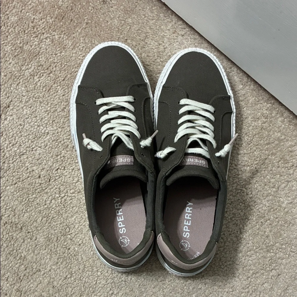 Sperry Olive Canvas Lace-Up Boat Sneakers with White Soles